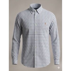 Ralph Lauren Mens XL Classic Fit Oxford Shirt Navy Blue White Check Flesh Pony